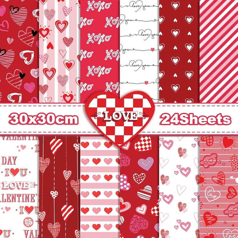 WLXTREE Valentine’s Day Red Scrapbook Paper 12 x 12 - Double Sided 24 Sheets Printing Pattern Decoupage Decorative Craft Paper Pad for Junk Journals Bullet Journal Card Making Background Room Decor - Image 1